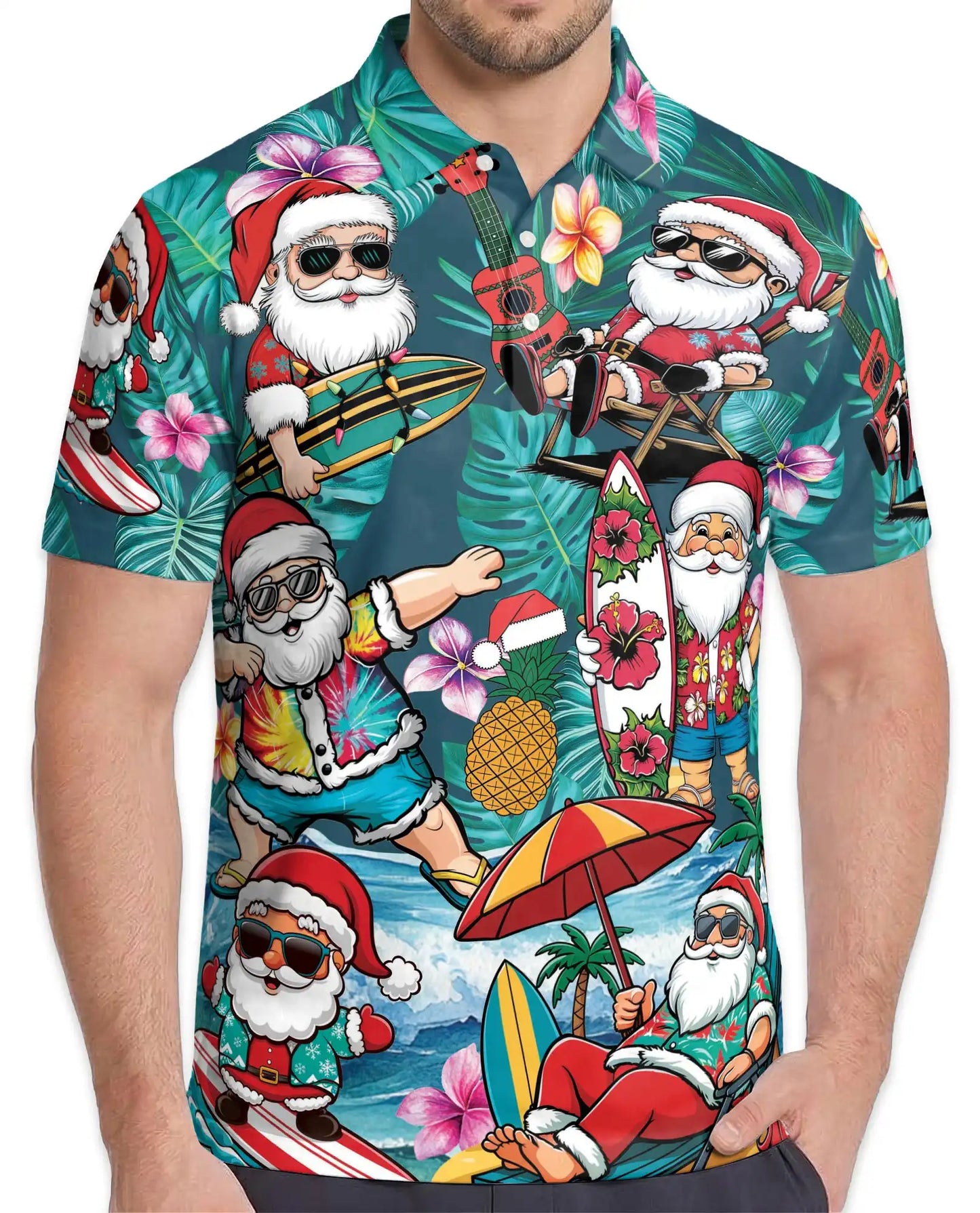 Tropical Santa Polo Shirt - Beach Christmas Surfing Holiday Design | Netecom