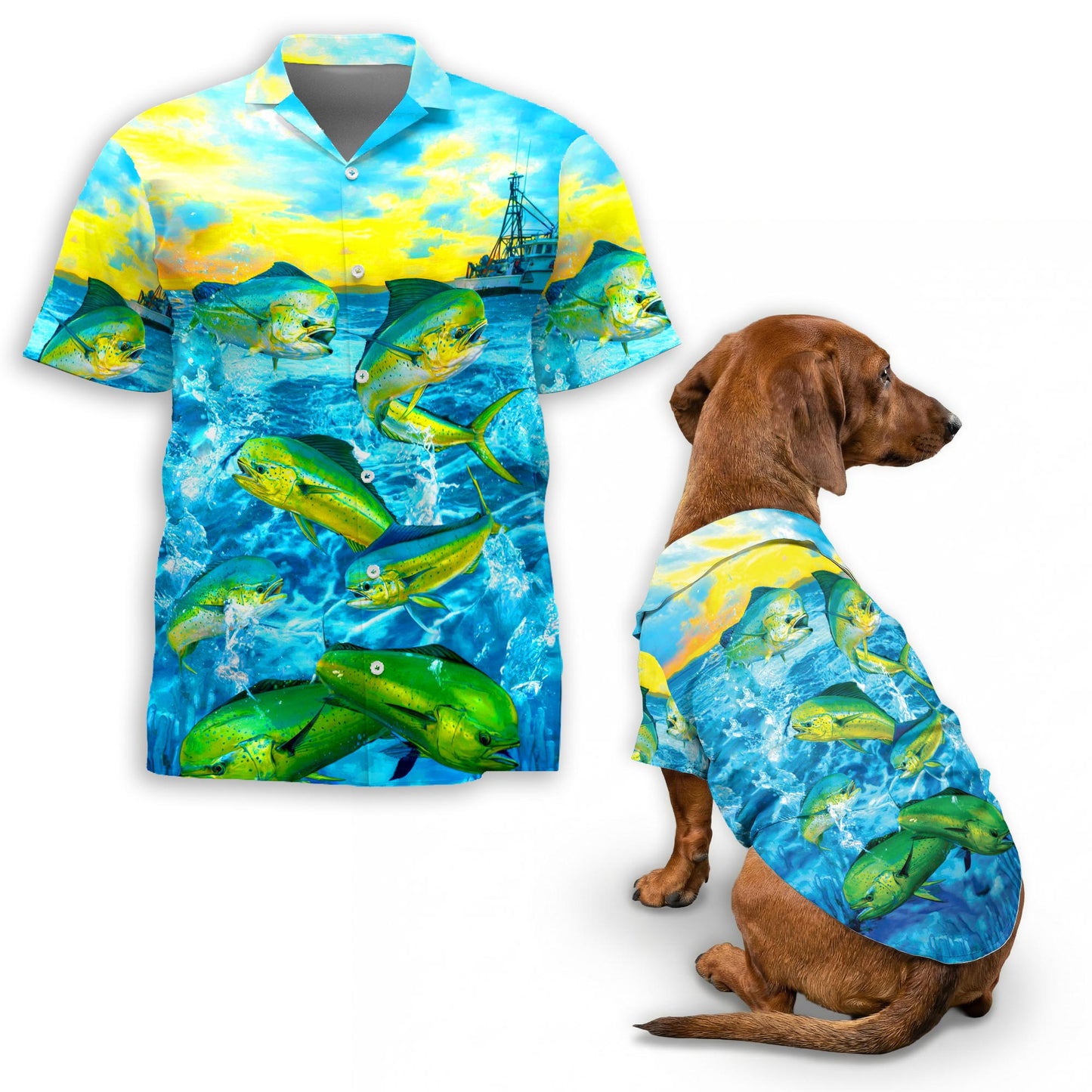 Netecom Matching Mahi-Mahi Fish Fishing Hawaiian Shirt for Dog and Owner, Aloha Summer Shirt, Ocean Fish Print Outfit for Pet and Human, Beach Vacation Casual Wear