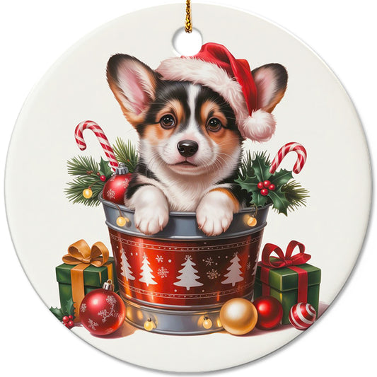 Netecom Cute Corgi in Bucket Ornament, Dog with Santa Hat Ceramic Ornament for Christmas Tree Hanging Decorations Gift, Puppy Lover Gifts, Home Decor, Holiday Party Present