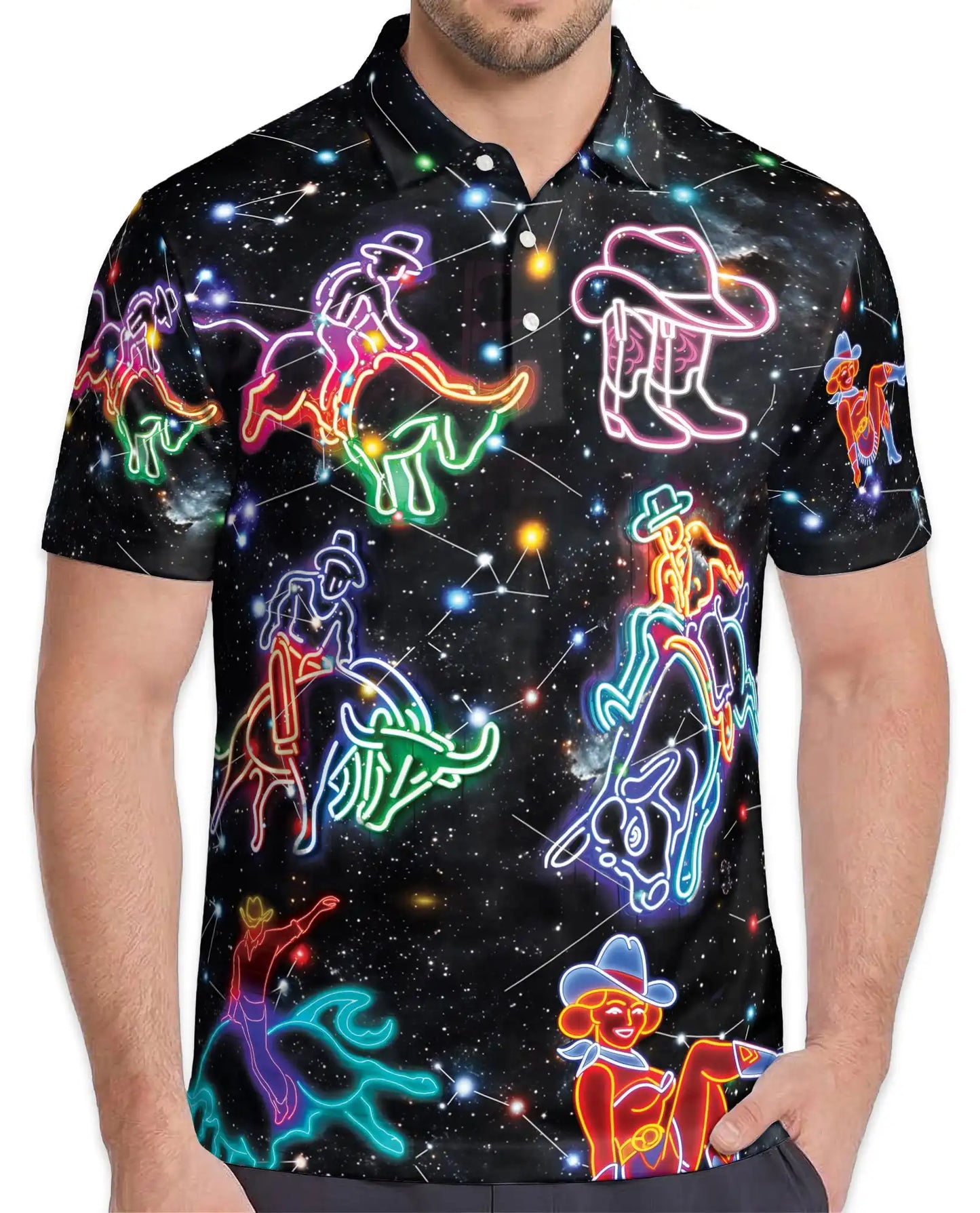 Neon Cowboy Constellation Polo Shirt-Western Galaxy Design | Netecom