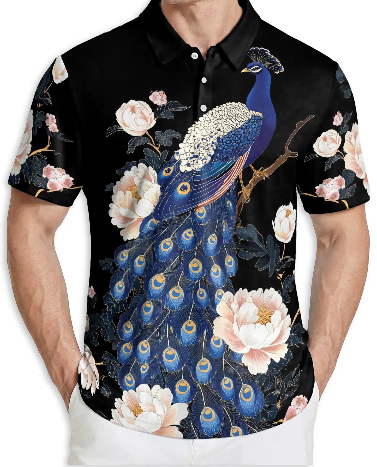 Elegant Peacock Floral Polo Shirt for Men-  Blue Peacock Bird Pattern | Netecom