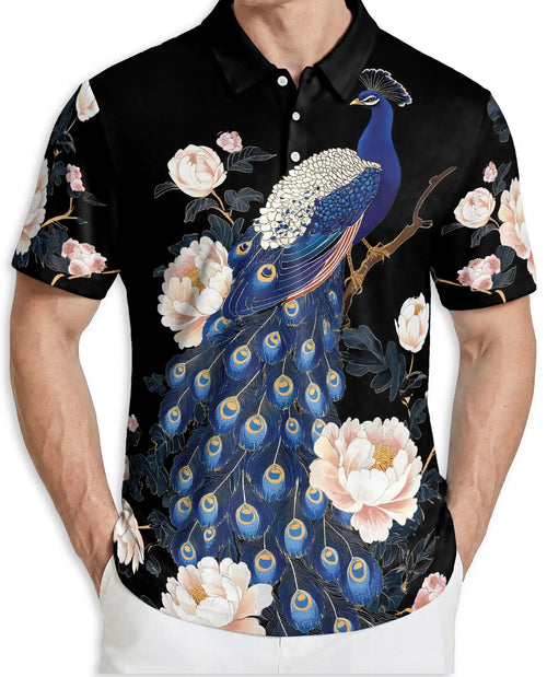 Elegant Peacock Floral Polo Shirt for Men-  Blue Peacock Bird Pattern | Netecom