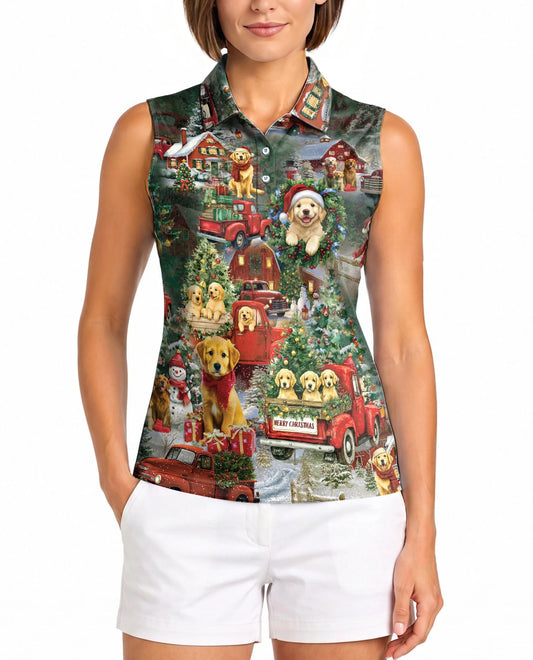 Christmas Golden Retriever Sleeveless Polo Shirt for Women | Netecom