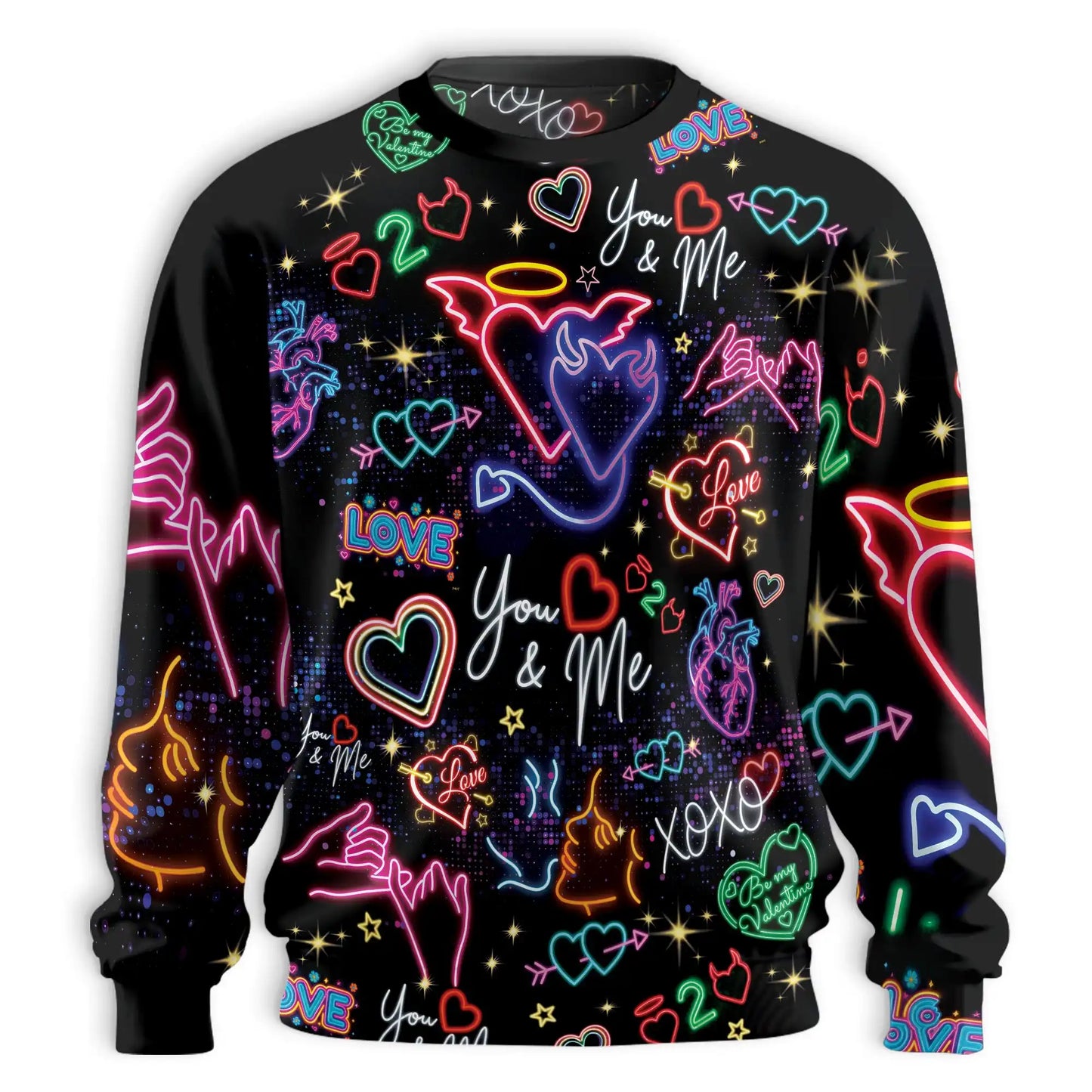 Neon Love Doodle Pattern Sweatshirt, 3D All Over Print Colorful Heart Crewneck Pullover for Men Women, Love Lover Gift - Netecom