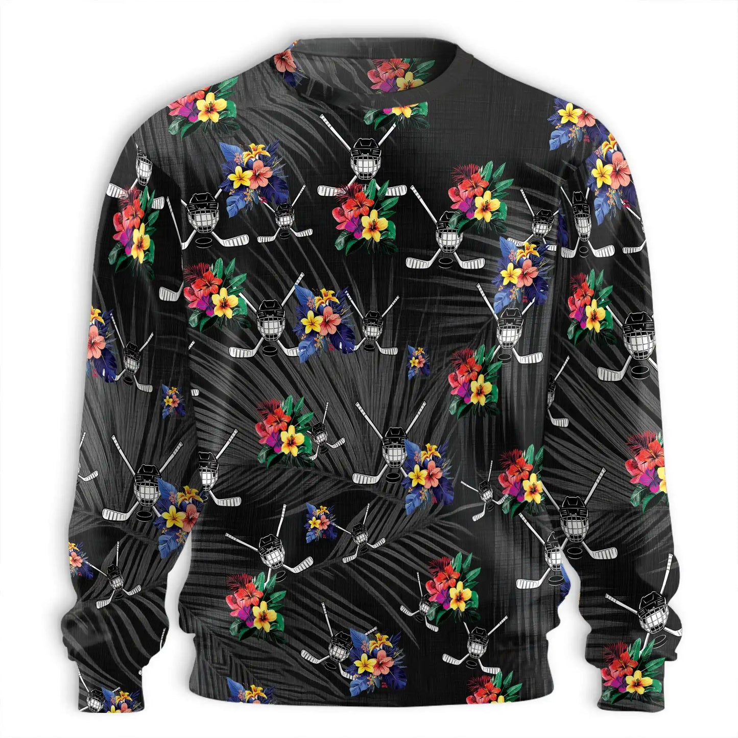 Simple Hockey Tropical Black Sweatshirt, 3D All Over Print Ice Hockey Palm Tree Crewneck Pullover for Men Women, Hockey Player Gift - Netecom