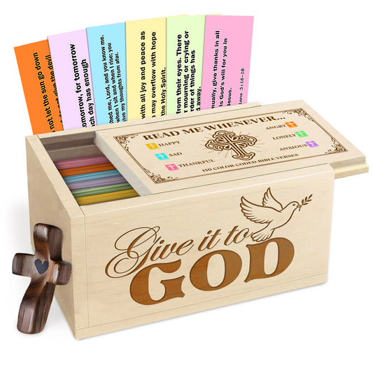Netecom Personalized Bible Verse Box – Give It to God Wooden Scripture Box with 150 Color-Coded Verses & Custom Name Prayer Cross, Christian Faith Gift