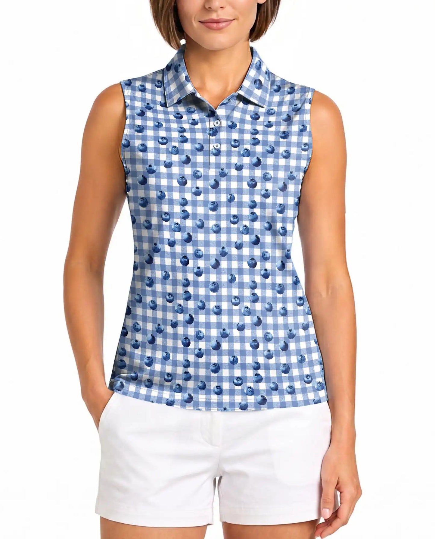 Blueberry Gingham Print Sleeveless Polo Shirt for Women  | Netecom
