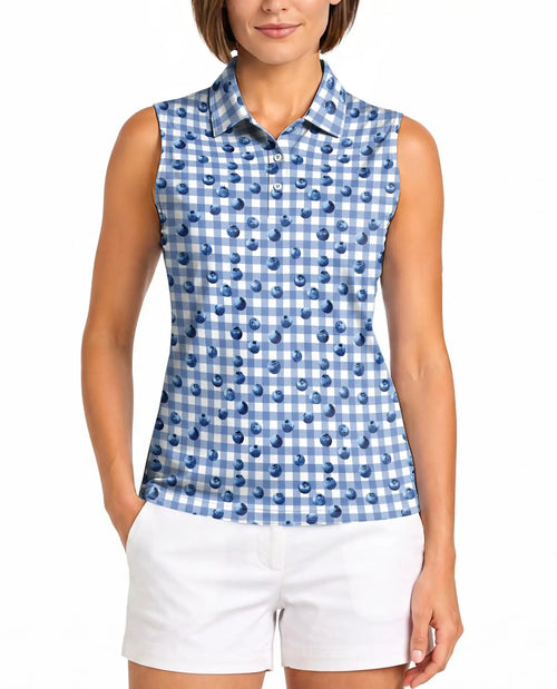 Blueberry Gingham Print Sleeveless Polo Shirt for Women  | Netecom