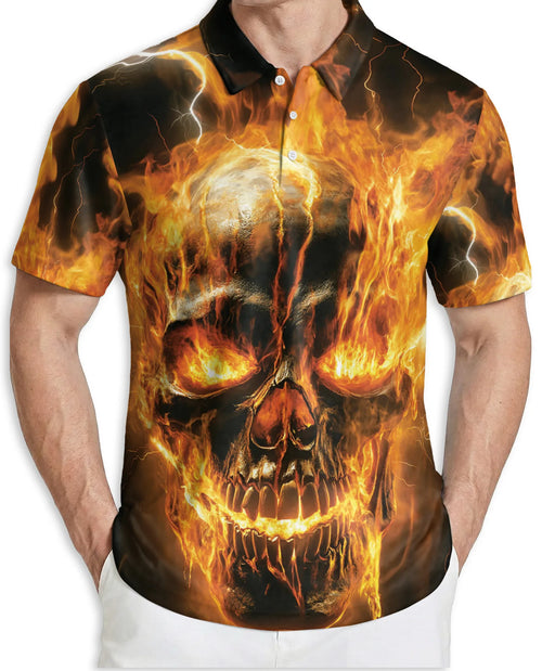 Flaming Skull 3D Polo Shirt for Men – Dark Gothic Fire Style | Netecom