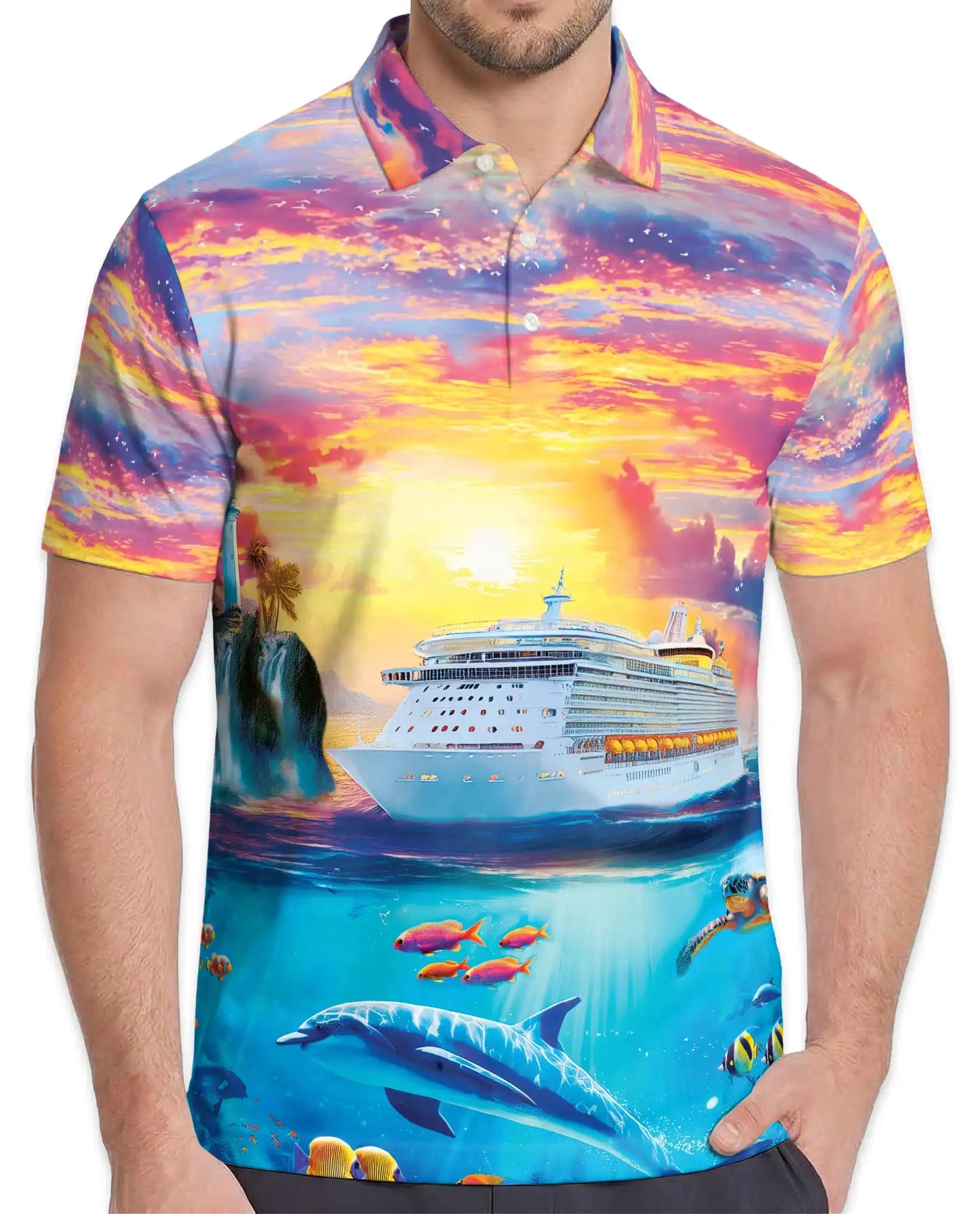 Tropical Cruise Ship Polo Shirt, Ocean Sunset Vacation Style | Netecom