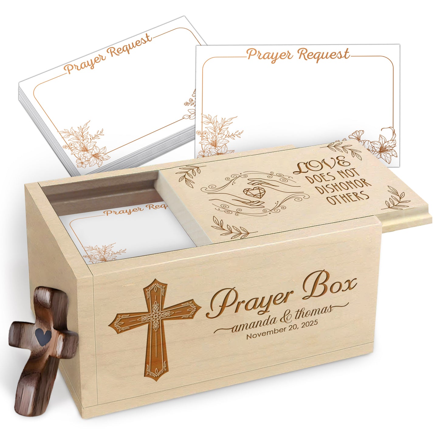 Netecom Personalized Couple Prayer Box for Valentine’s Day with 100 Prayer Request Cards & Wooden Cross – Christian Love Gift with Custom Names and Date