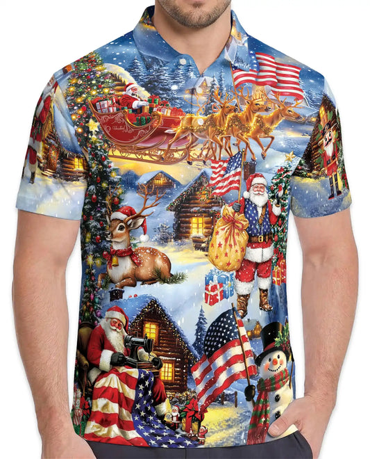 Patriotic Christmas Santa 3D Polo Shirt for Men – USA Holiday Winter Style | Netecom