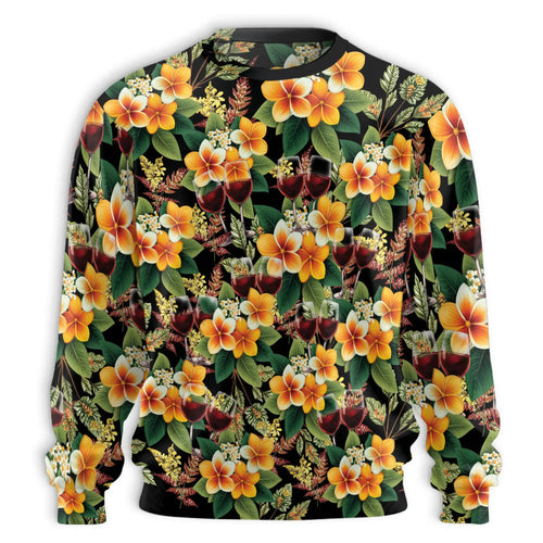 Plumeria and Wine Seamless Pattern Sweatshirt, 3D All Over Print Tropical Floral Drink Crewneck Pullover for Men Women, Wine Lover Gift - Netecom