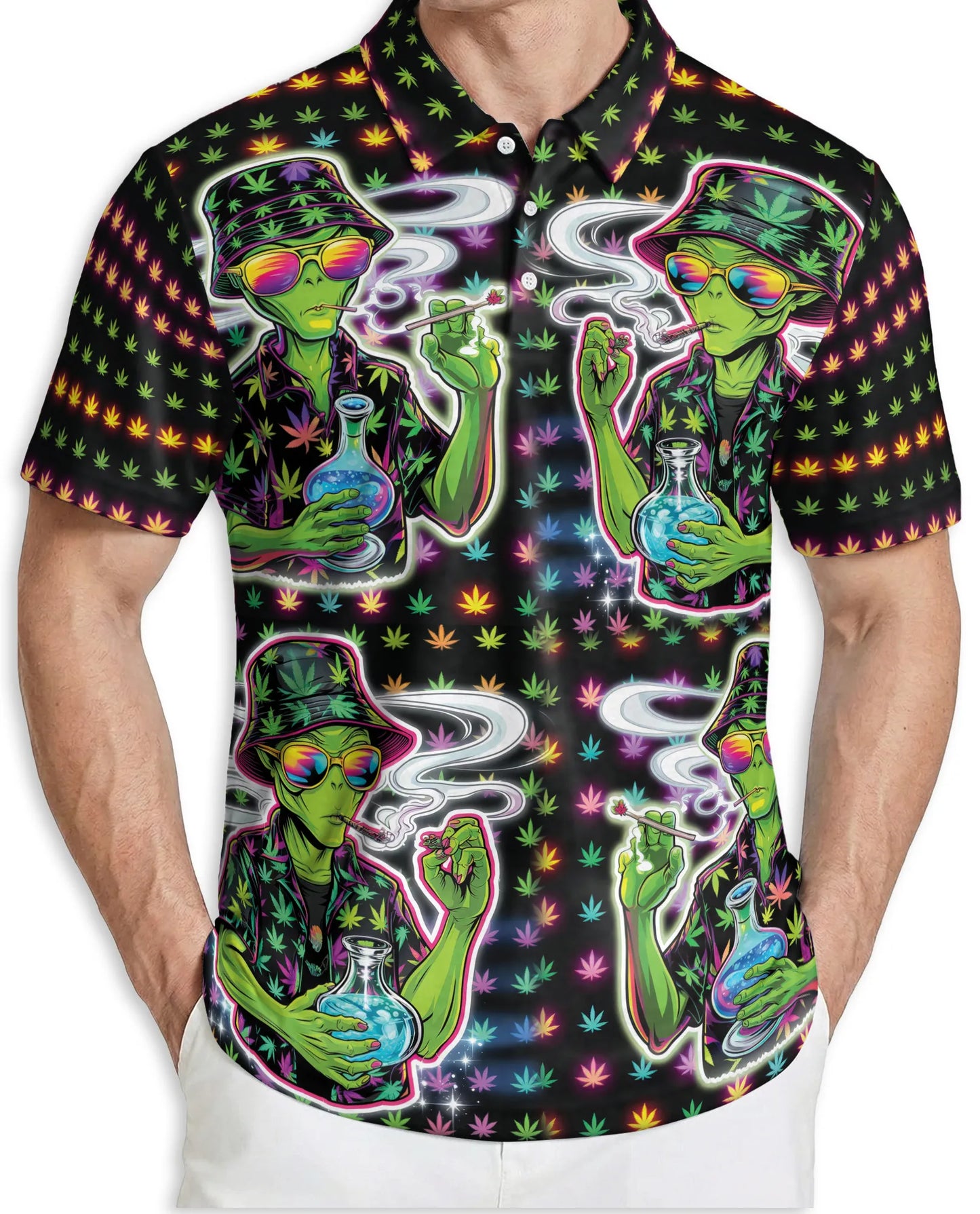 Funny Alien Neon 3D Polo Shirt for Men – Psychedelic Space Style | Netecom