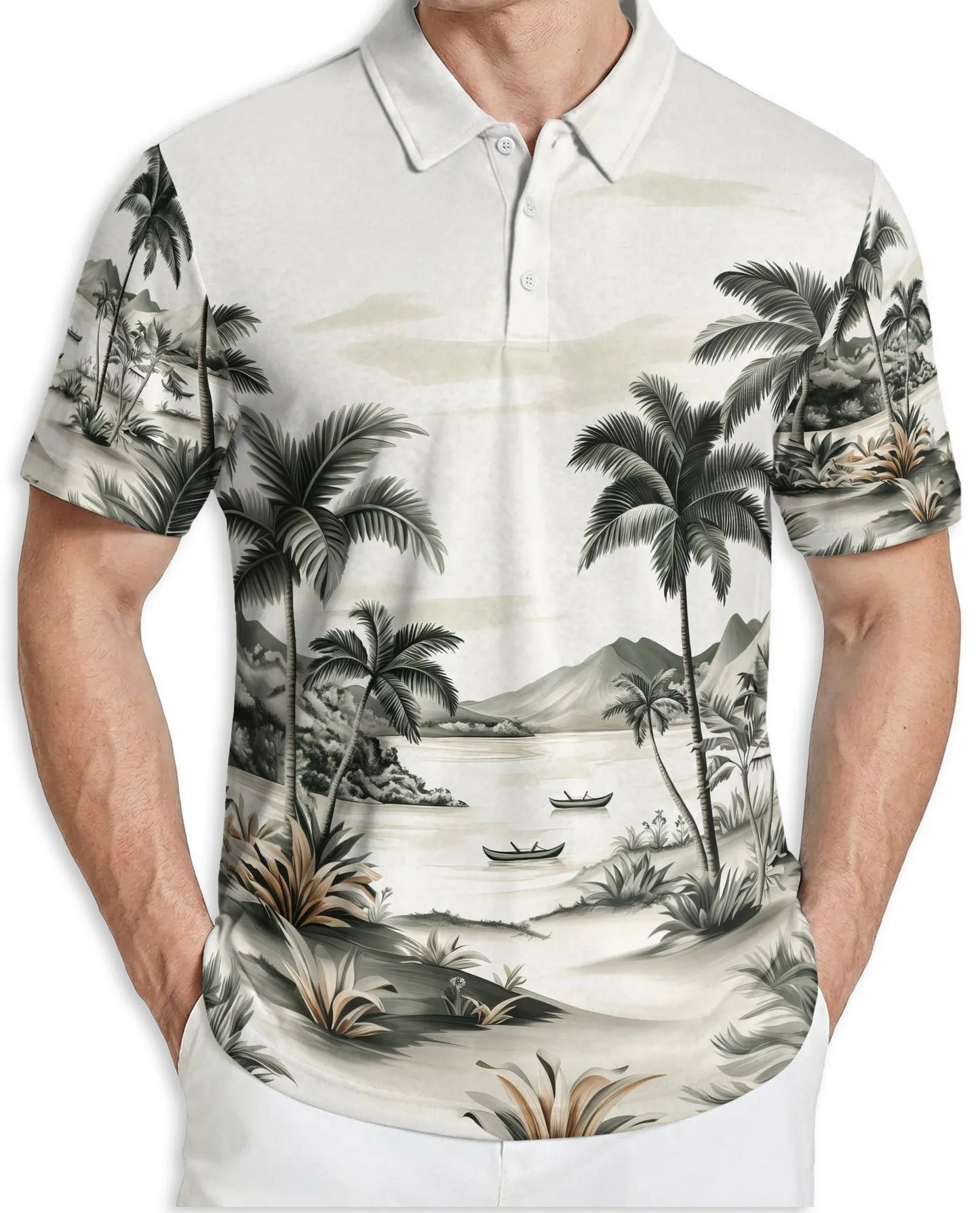 Tropical Landscape 3D Polo Shirt for Men – Vintage Beach Palm Style | Netecom