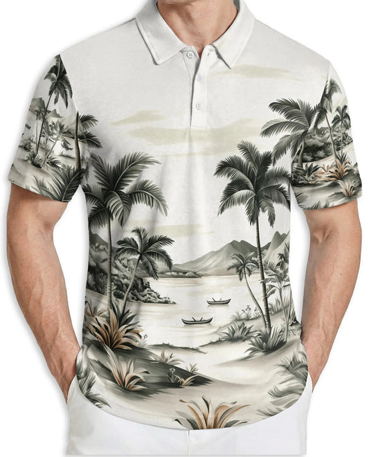 Tropical Landscape 3D Polo Shirt for Men – Vintage Beach Palm Style | Netecom