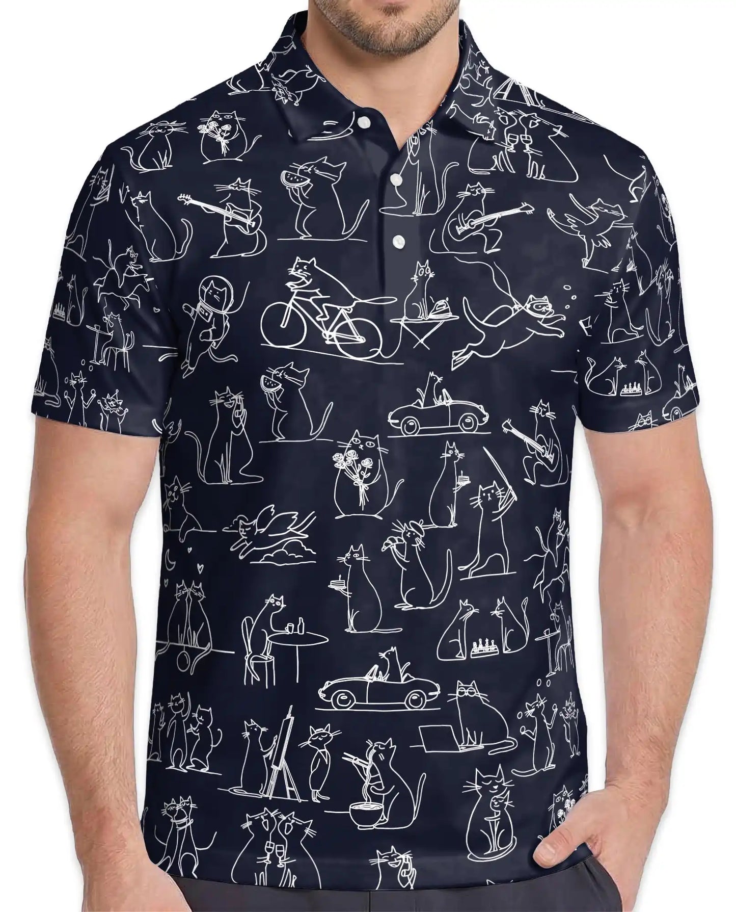 Funny Cat Doodle Polo Shirt - Whimsical Feline Sketch Style | Netecom