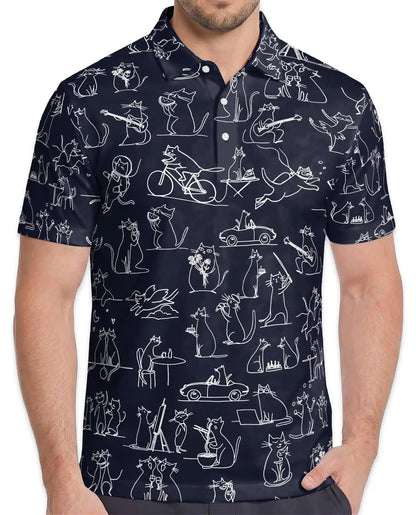 Funny Cat Doodle Polo Shirt - Whimsical Feline Sketch Style | Netecom