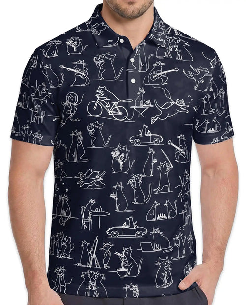 Funny Cat Doodle Polo Shirt - Whimsical Feline Sketch Style | Netecom