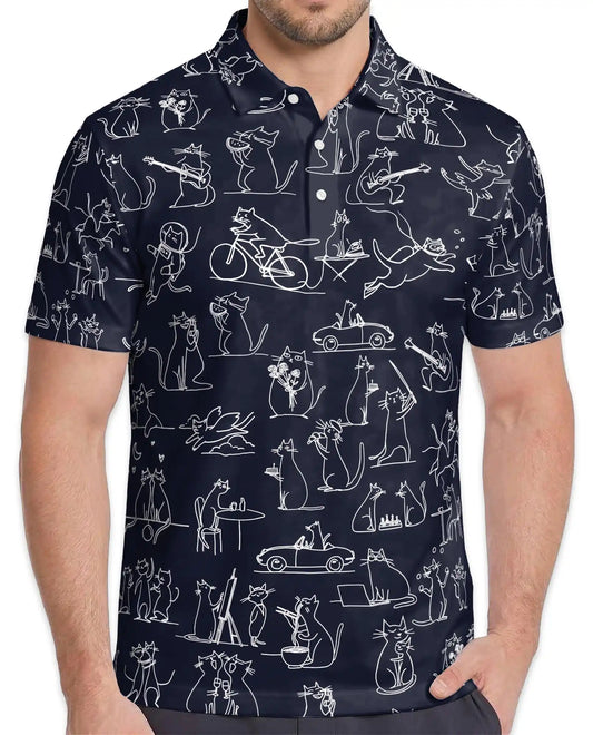 Funny Cat Doodle Polo Shirt - Whimsical Feline Sketch Style | Netecom