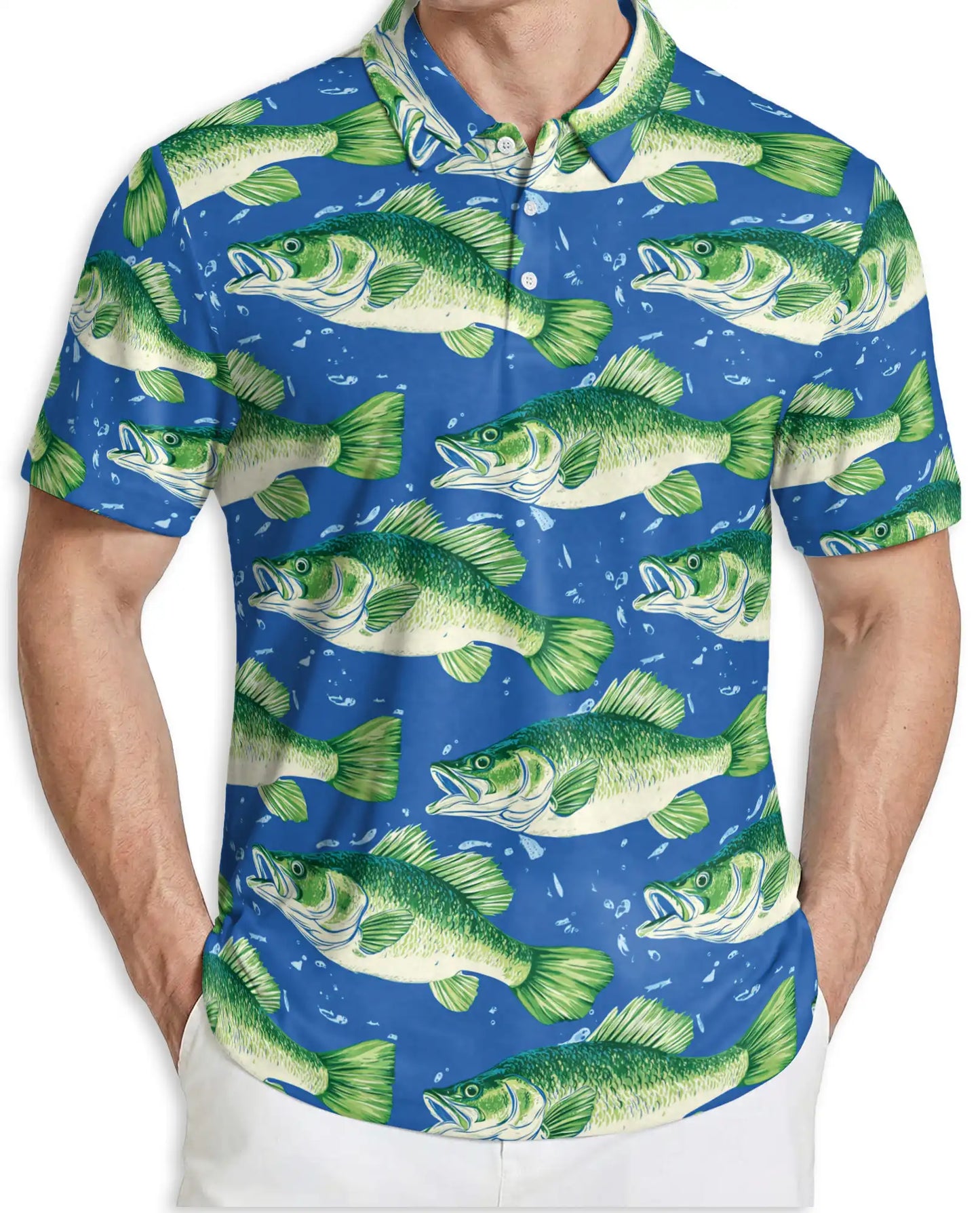 Largemouth Bass Fish Polo Shirt for Men- Angler Fish Pattern | Netecom