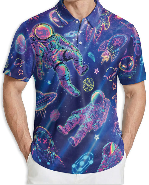Astronaut Space 3D Polo Shirt for Men – Neon Galaxy Sci-Fi Style | Netecom