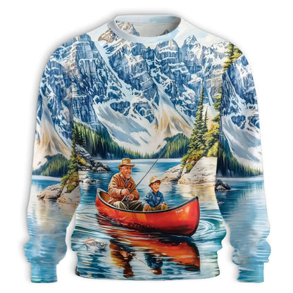 Rowing Boat Fishing Sweatshirt, 3D All Over Print Fishing Adventure Crewneck Pullover for Men Women, Angler Gift - Netecom