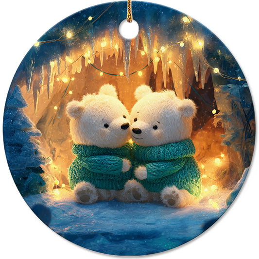Netecom Cute Polar Bear Couple Ornament, Romantic Christmas Ceramic Ornament for Xmas Tree Hanging Decorations Gift, Bear Lover Gifts, Home Decor, Holiday Party Present
