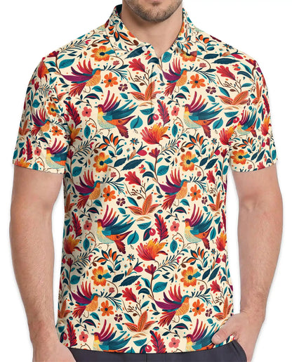 Colorful Tropical Bird Polo Shirt - Floral Folk Art Nature Pattern | Netecom