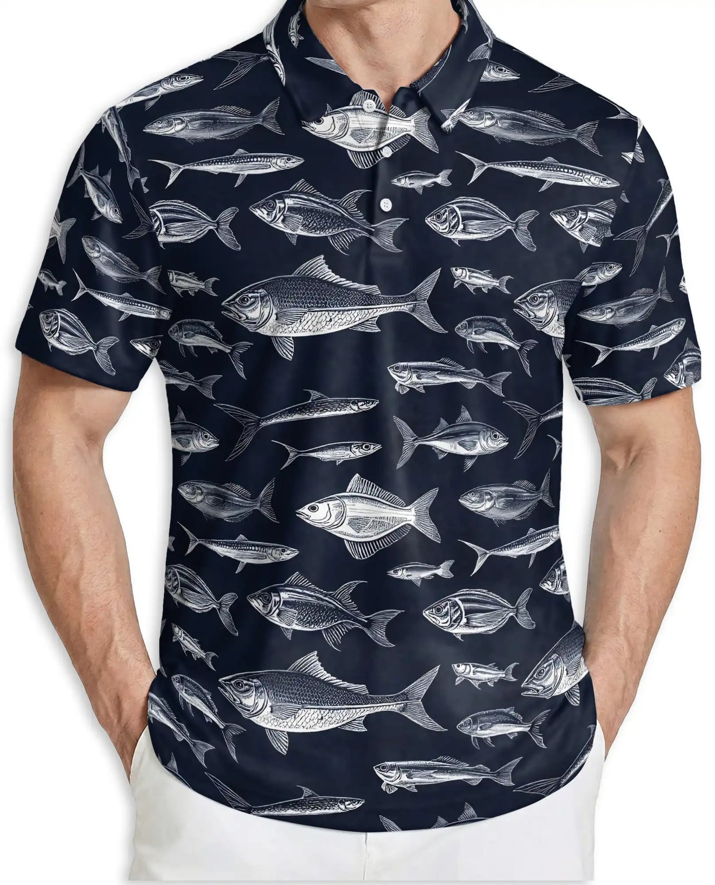 Vintage Fish Species Polo Shirt for Men- Fish Pattern Angler | Netecom