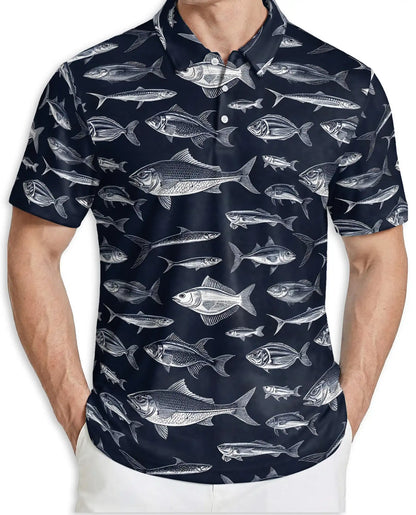 Vintage Fish Species Polo Shirt for Men- Fish Pattern Angler | Netecom