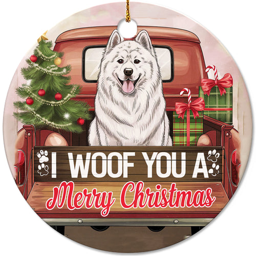 Netecom Cute Samoyed in Holiday Truck Ornament, I Woof You a Merry Christmas Ceramic Ornament for Christmas Tree Hanging Decorations Gift, Pet Lover Gifts, Holiday Decor Present
