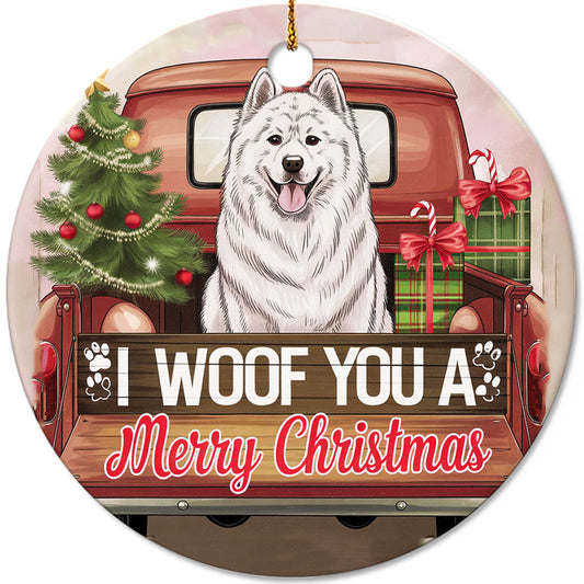 Netecom Cute Samoyed in Holiday Truck Ornament, I Woof You a Merry Christmas Ceramic Ornament for Christmas Tree Hanging Decorations Gift, Pet Lover Gifts, Holiday Decor Present