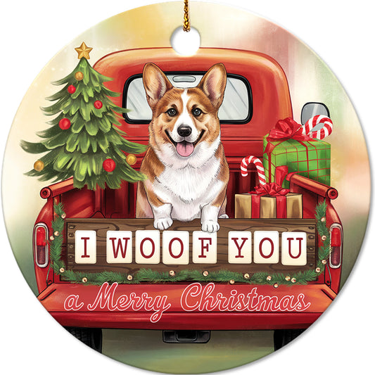 Netecom Cute Corgi in Holiday Truck Ornament, I Woof You a Merry Christmas Ceramic Ornament for Christmas Tree Hanging Decorations Gift, Puppy Lover Gifts, Holiday Party Present