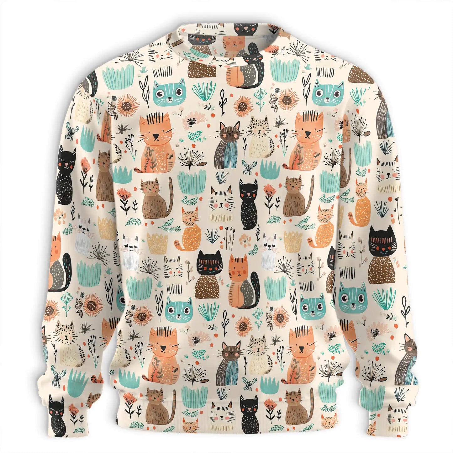 Abstract Cat Sweatshirt, 3D All Over Print Trees and Flowers Crewneck Pullover for Men Women, Cat Lover Gift - Netecom