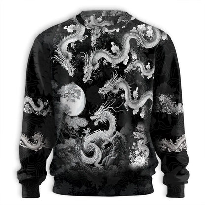 Black and White Dragon Sweatshirt, 3D All Over Print Monochrome Fantasy Crewneck Pullover for Men Women, Dragon Lover Gift - Netecom