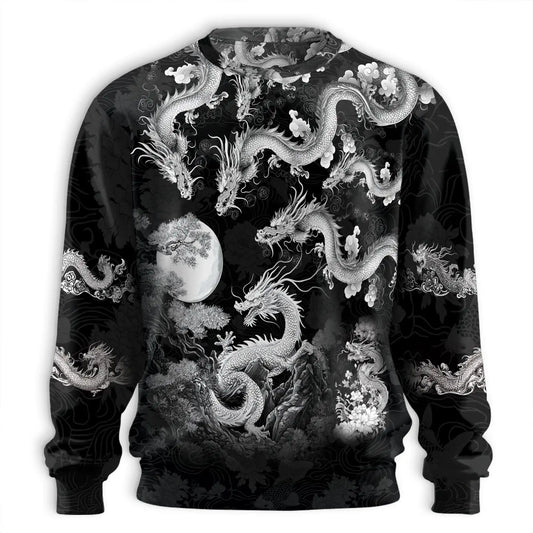 Black and White Dragon Sweatshirt, 3D All Over Print Monochrome Fantasy Crewneck Pullover for Men Women, Dragon Lover Gift - Netecom