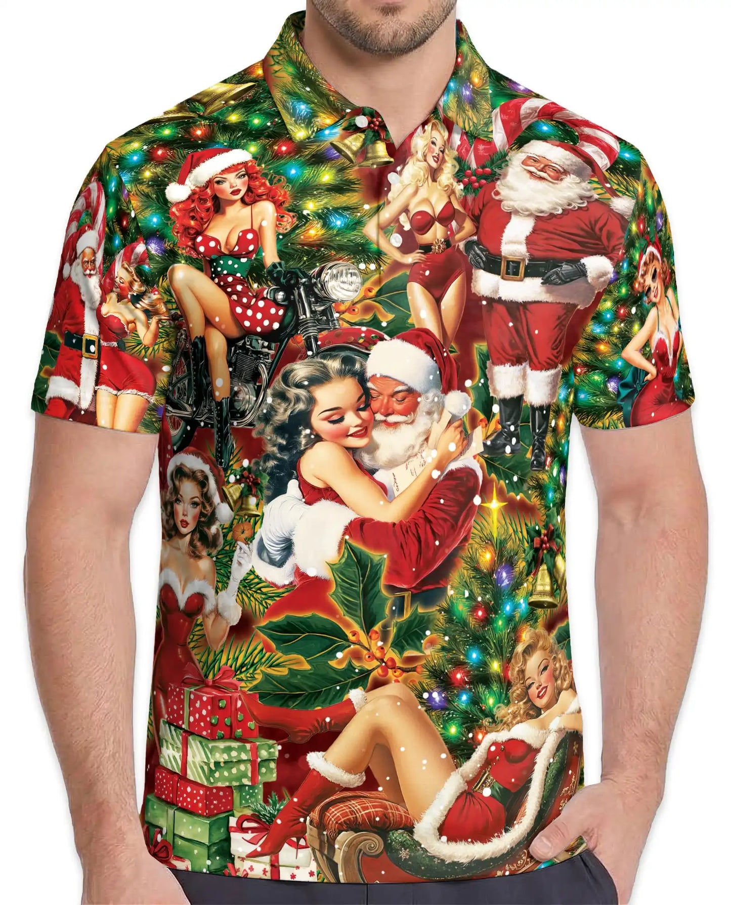 Vintage Santa Pin Up Polo Shirt - Retro Christmas Party Style | Netecom