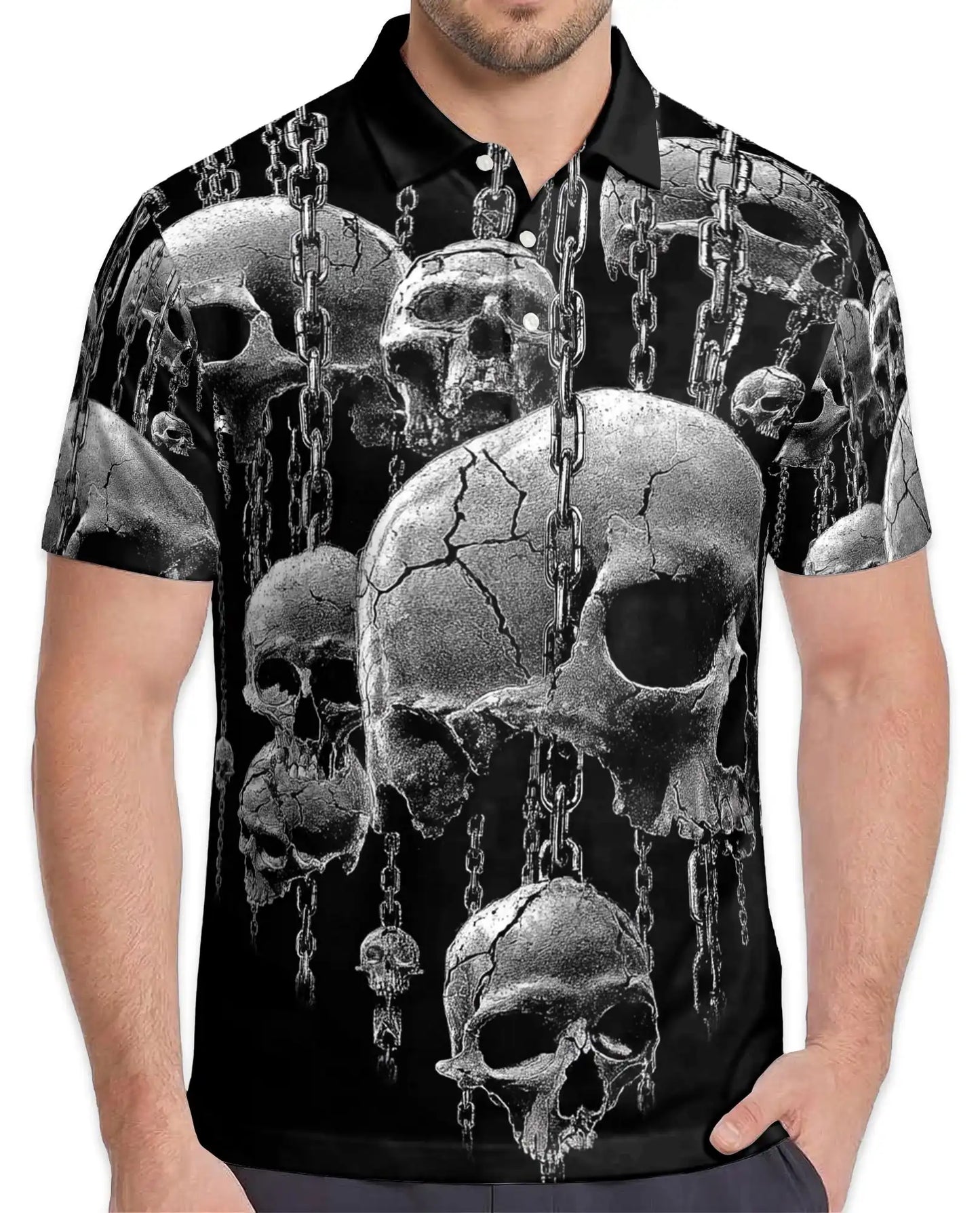 Skull Chain Gothic Polo Shirt - Dark Horror Metal Style | Netecom
