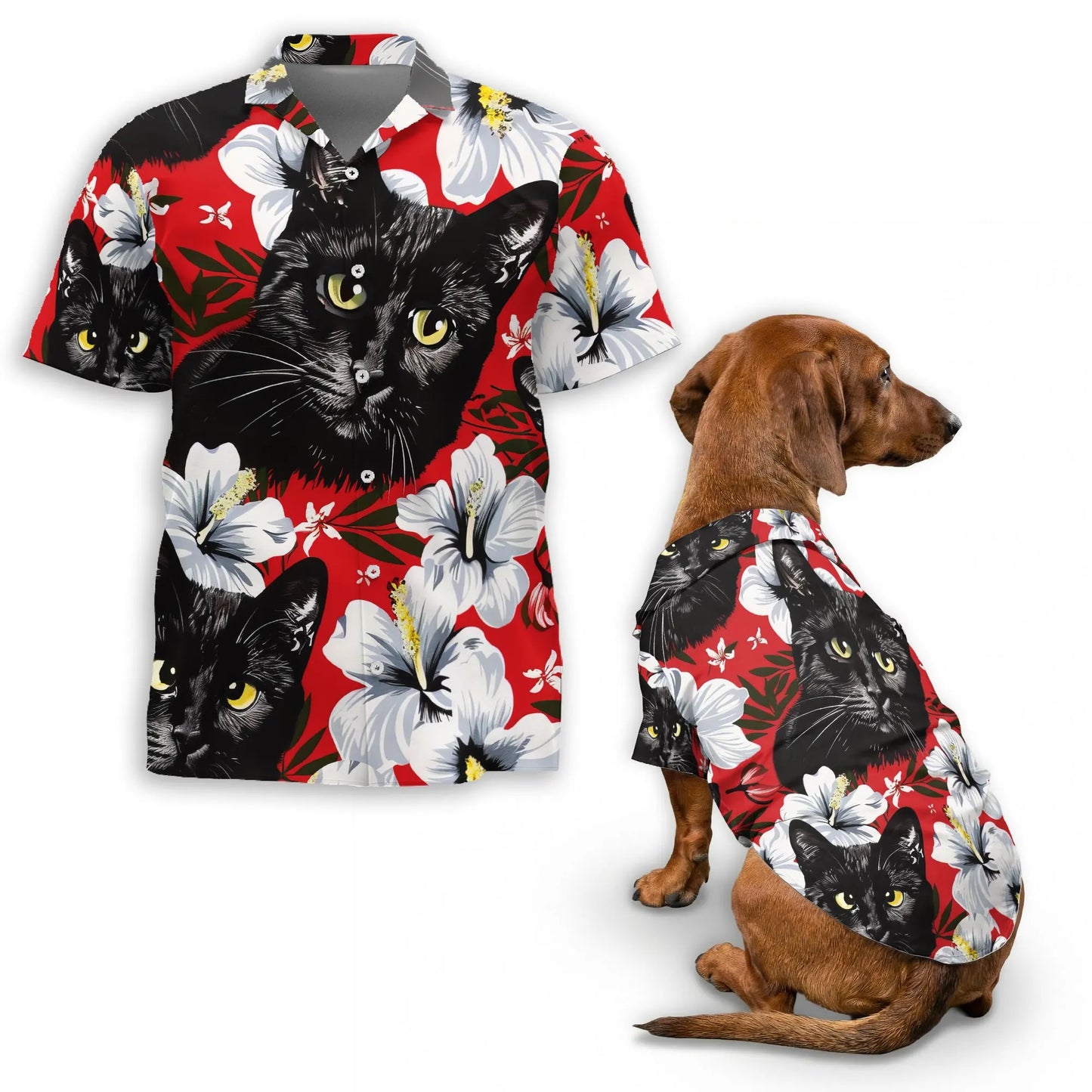 Matching Dog and Owner Hawaiian Shirts – Black Cat Tropical Beach Outfit