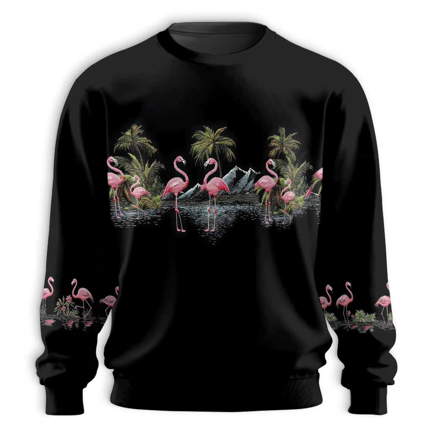 Flamingos Black Sweatshirt, 3D All Over Print Tropical Bird Crewneck Pullover for Men Women, Flamingo Lover Gift - Netecom