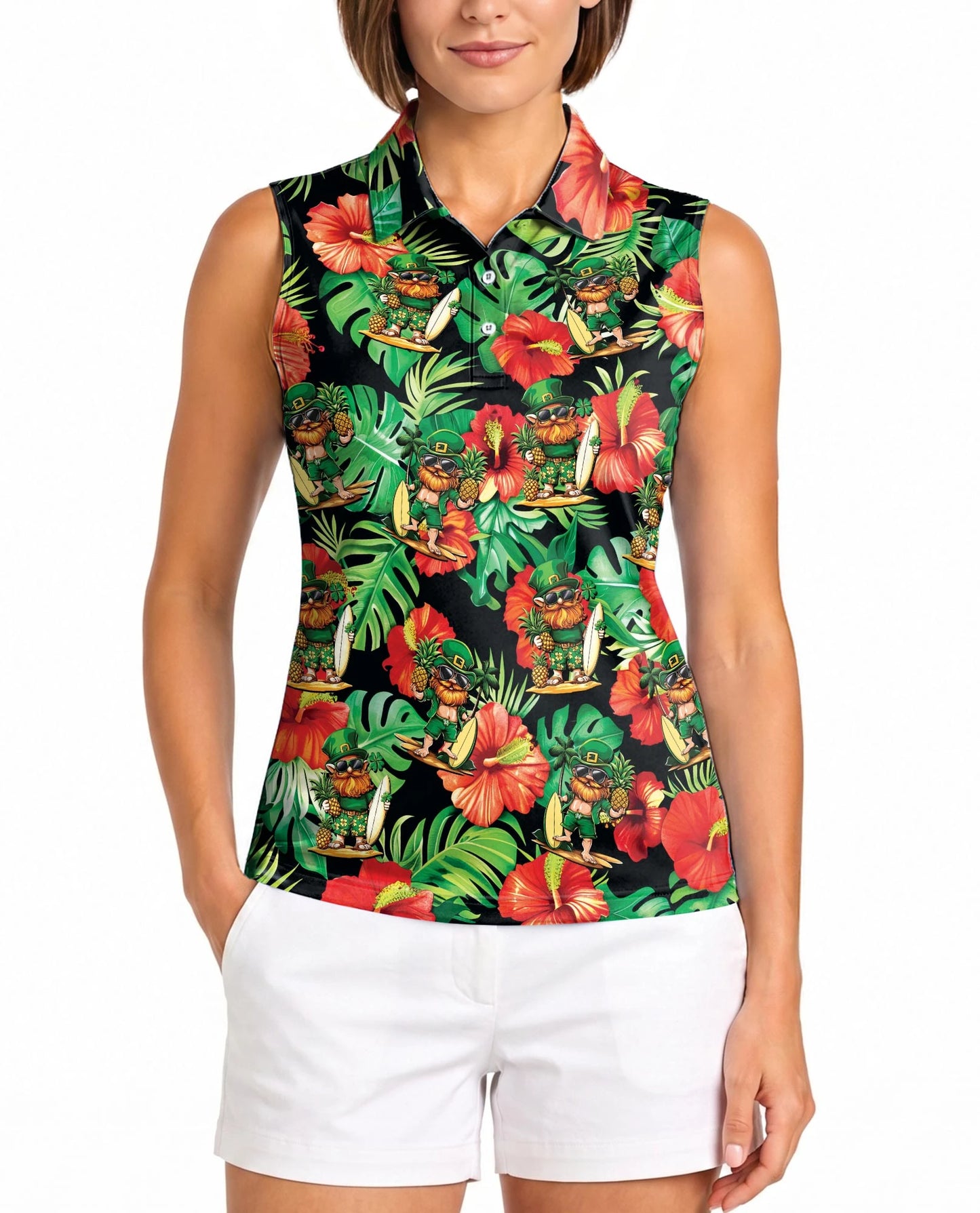 Funny Surfing Leprechaun Tropical Sleeveless Polo Shirt for Women | Netecom