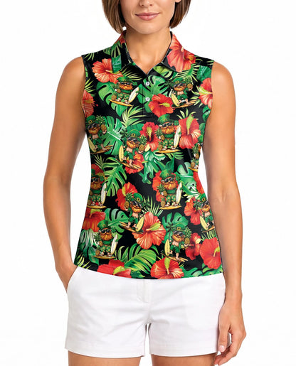 Funny Surfing Leprechaun Tropical Sleeveless Polo Shirt for Women | Netecom