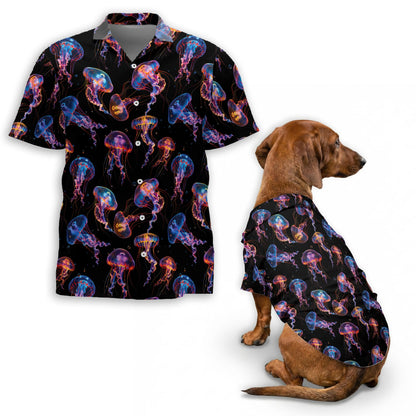 Netecom Matching Neon Jellyfish Aloha Hawaiian Shirt for Dog and Owner, Ocean Glow Theme Summer Shirt, Coordinated Beach Vacation Casual Wear for Pet and Human