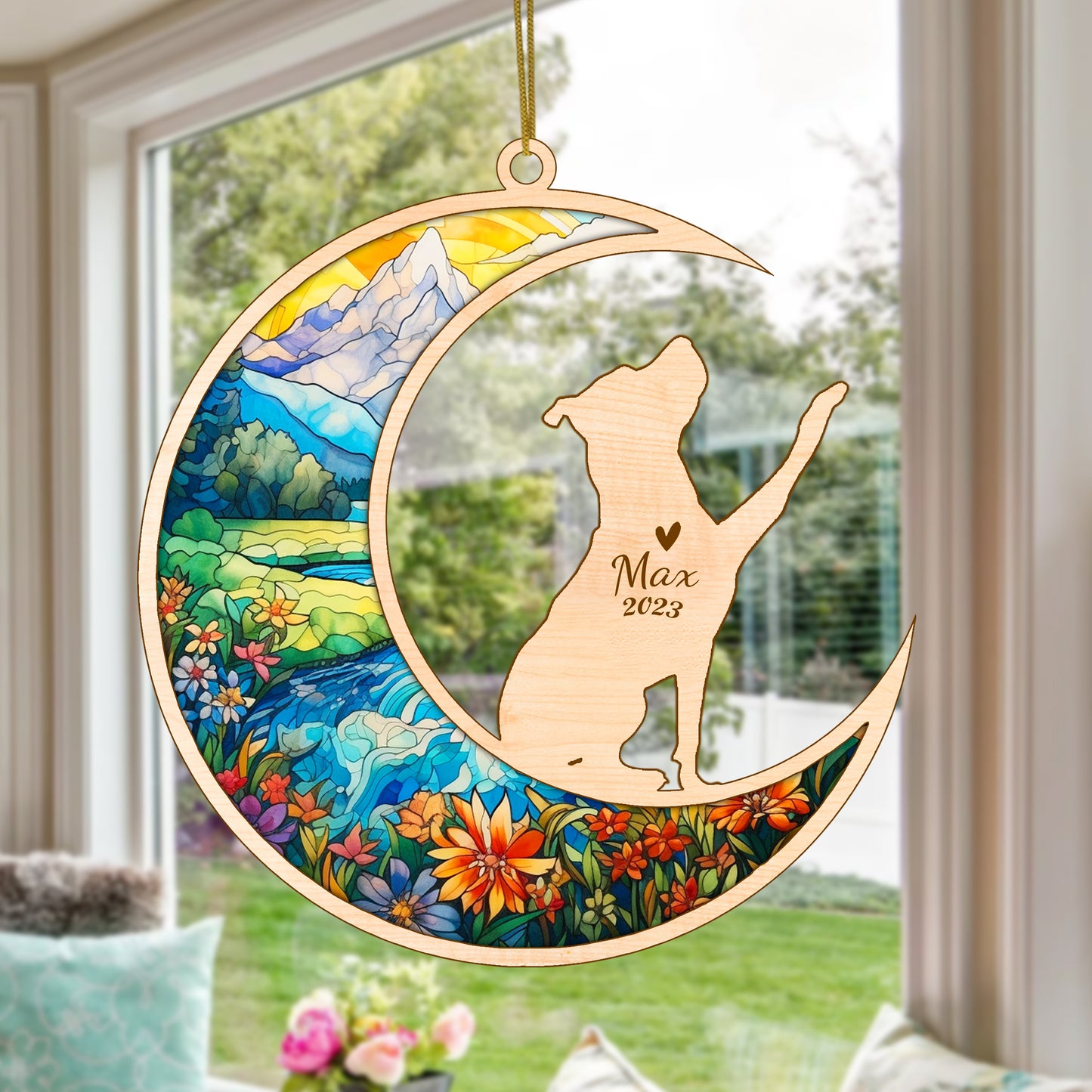 Netecom Pitbull Dog Memorial Suncatcher, Personalized Pit Bull Christmas Ornament with Name Date, Dog Death Sympathy Gift for Pet Loss Sun Catchers, Dog Grief Gift, Bereavement Gifts for Loss of Pet