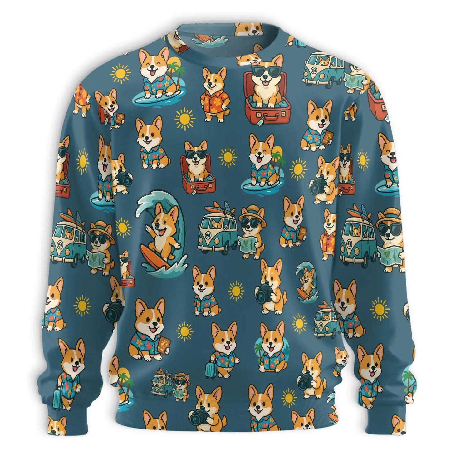 Summer Corgi Sweatshirt, 3D All Over Print Tropical Beach Dog Crewneck Pullover for Men Women, Corgi Lover Gift - Netecom
