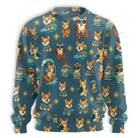 Summer Corgi Sweatshirt, 3D All Over Print Tropical Beach Dog Crewneck Pullover for Men Women, Corgi Lover Gift - Netecom