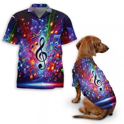 Netecom Matching Colorful Musical Note Aloha Hawaiian Shirt for Dog and Owner, Aloha Summer Shirt, Music Note Print Outfit for Pet and Human, Beach Vacation Casual Wear