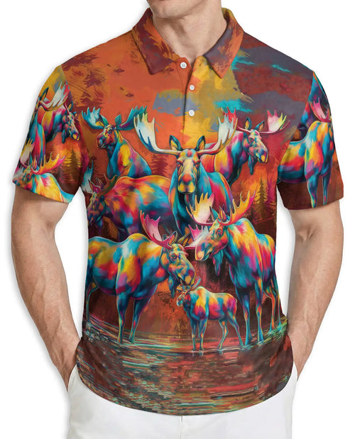Colorful Moose Polo Shirt – Artistic Wildlife Style | Netecom