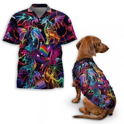 Netecom Matching Pride Dragon Aloha Hawaiian Shirt for Dog and Owner, Aloha Summer Shirt, Colorful Dragon Print Outfit for Pet and Human, Beach Vacation Casual Wear